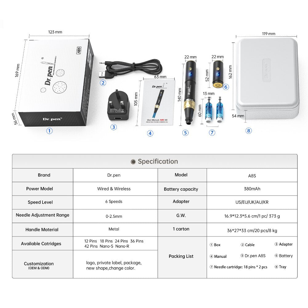 2023 New Arrival Dr Pen A8S Wired And Wireless Mode In One With Anti-backflow Needle Cartridge Microneedling Roller Skin Care