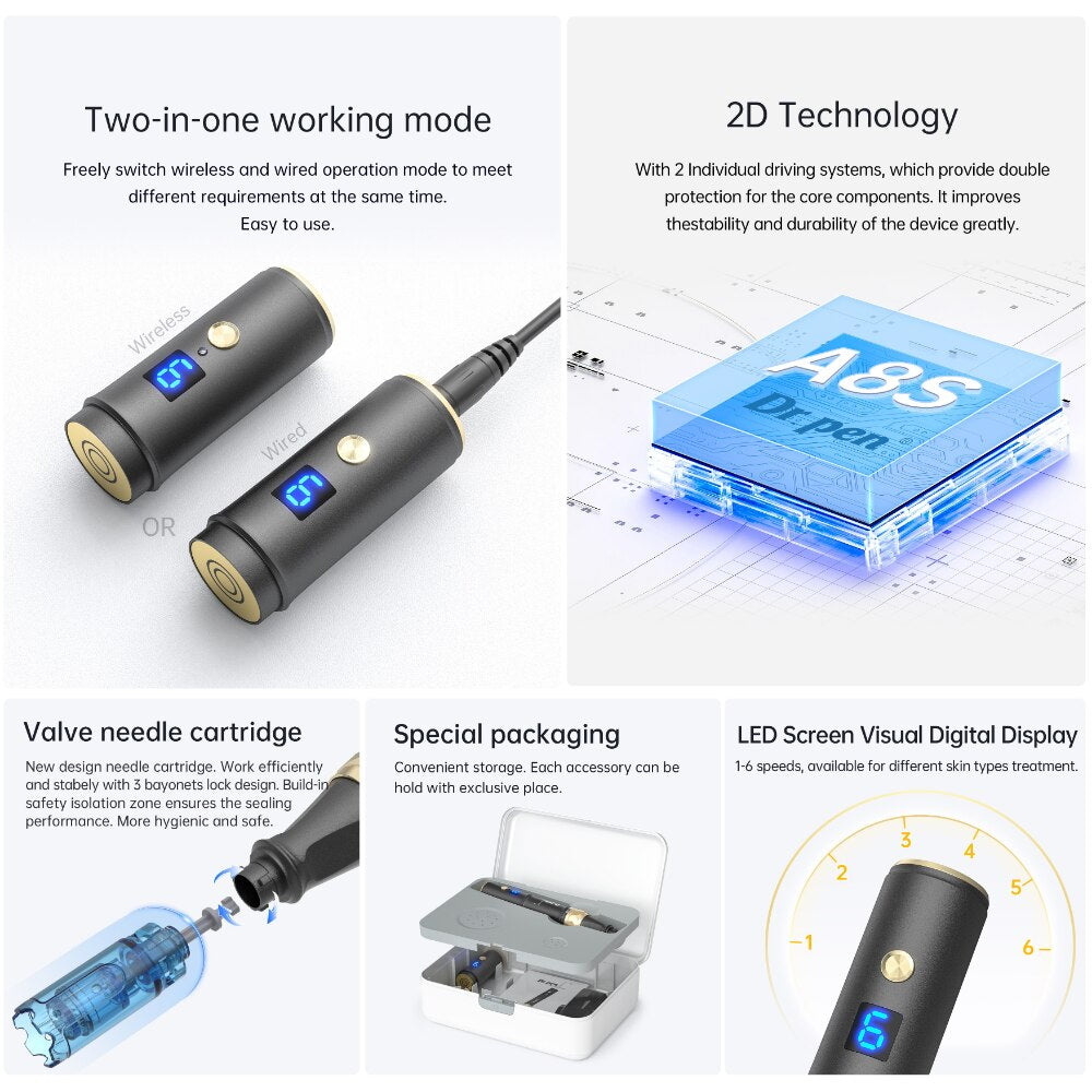 2023 New Arrival Dr Pen A8S Wired And Wireless Mode In One With Anti-backflow Needle Cartridge Microneedling Roller Skin Care